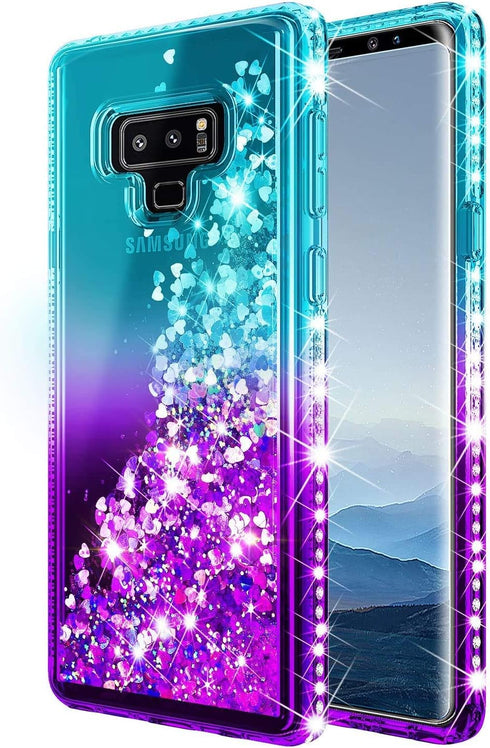 Case for Samsung Galaxy Note 9 with Screen Protector (Maximum Coverage, Flexible TPU Film), Ring Holder/Wrist Strap, Sparkle Glitter Flowing Liqui...