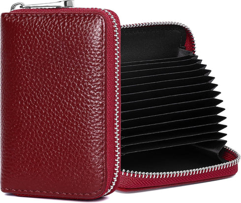 FEITH&FELLY Genuine Leather Credit Card Holder RFID Small Zipper Card Case Wallet for Women & Men...