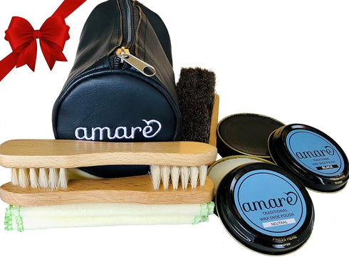 Amare 8PC Shoe Shine Kit, Shoe Polish & Care Kit, for Leather for Men & Women with Black and Neutral Polish, Travel Shoe Shine Brush kit, Leather ...
