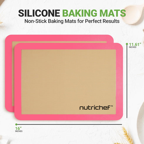 Nutrichef Silicone Baking Mats - 2 Non-stick Food-Grade Reusable Silicone Mats - Perfect for Half Baking Pans 16.5 x 11.6 IN - Oven-Safe Up to 480...