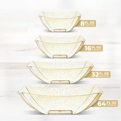 Posh Setting Square Plastic Serving Bowls, Medium Gold Glitter Plastic Serving Bowls, 4 Pack Plastic Disposable Party Snack, Buffet, Chips, or Sal...