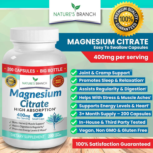 Magnesium Citrate 400mg - 200 Capsules - High Potency for Sleep, Leg Cramps, Extra Strength Absorption, Easy to Swallow Pills for Women & Men, Veg...