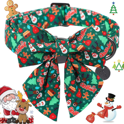 DOGWONG Christmas Holiday Dog Collar with Sailor Bowtie, Cute Cotton Dog Collar Green Santa Dog Collar Durable Soft Pet Dog Collar for Small Mediu...