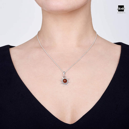 Amberta 925 Sterling Silver with Genuine Baltic Amber - Sun Pendant for Women - Various Stone Colors...