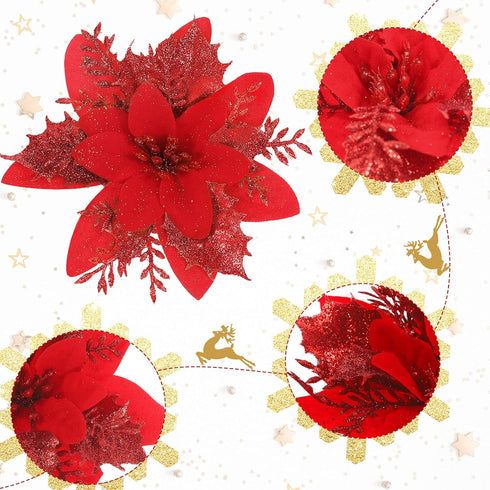 24 Pieces Poinsettia Christmas Decorations Glitter Poinsettia Flowers 5.5 Inch Poinsettias Artificial Christmas Flowers for Christmas Tree Ornamen...