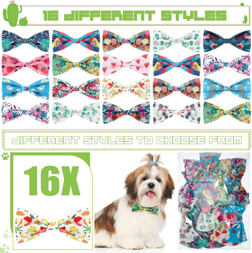 16 Pcs Dog Bow Ties Slide Dog Collar Bows Summer Hawaiian Styles Dog Collar Attachment Bows with Rubber Bands Dog Bow Ties for Large Dogs Spring S...
