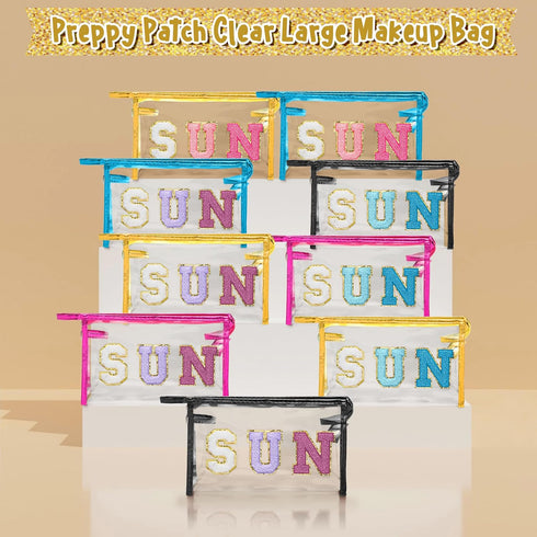 Y1tvei Clear SUN Makeup Bag - Preppy Blue SUN Chenille Varsity Letter Cosmetic Bag PVC Transparent Zipper Waterproof Beach Makeup Carry Pouch Port...