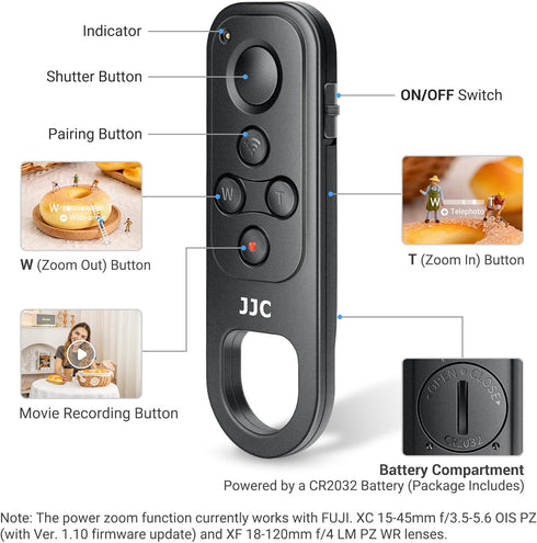 JJC Bluetooth Wireless Remote Control for Fujifilm Fuji X100VI X-T5 X-T4 X-T3 X-T50 X-T30 II X-T30 X-S20 X-S10 X-H2S X-H2 Camera, Camera Zoom Remo...