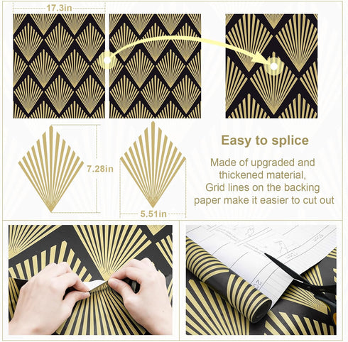 Black Geometric Wallpaper Peel and Stick Modern Contact Paper for cabinet Boho Black and Gold Wallpaper for bedroom Self Adhesive Removable Wallpa...