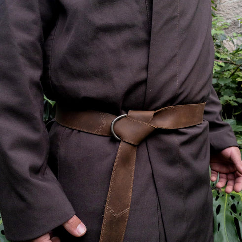 Viking Belt for Men with Stitching, Renaissance Knight Belt, Half Ring Closure, LARPing, Full Grain Leather, Handmade Accessories, Bourbon Brown...