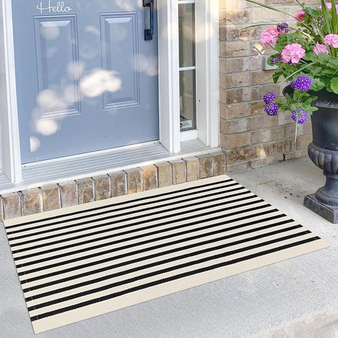 KILOCOCO Beige Striped Rug 2.3'x3.6' Indoor Outdoor Rugs Front Door Mat Hand Woven Cotton Washable Striped Layered Doormats for Front Porch/Kitche...