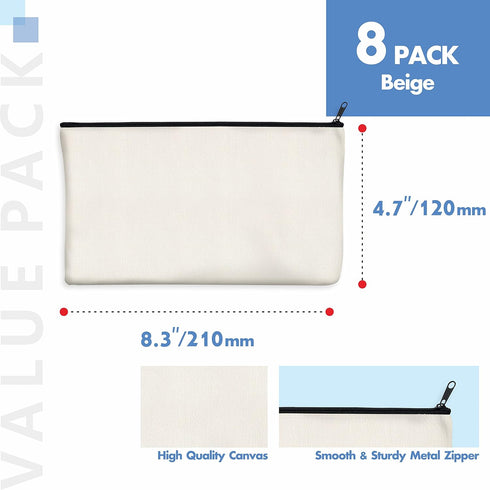 8 Pack Canvas Pencil Pouch, DIY Craft Zipper Bags Blank Makeup Bags Multifunctional Pouches Pencil Case for Cosmetic Toiletry Stationary (Beige, 8...