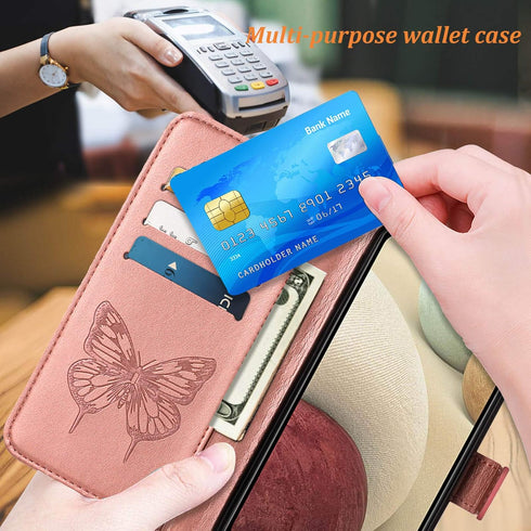 for Galaxy A12 Flip Cover Phone Case Rose Gold | Wallet, Butterfly Floral Embossed, Wrist Strap, Card Holder Slots, Stand, Leather, Protective...