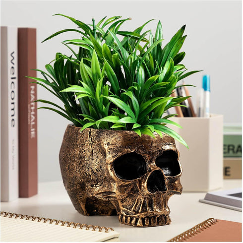 Skull Planters for Indoor Plants, 7 Inch Large Halloween Skull Candy Bowl, Bronze Resin Gothic Skull Planter Pot Vase for Home Office Desk Decorat...