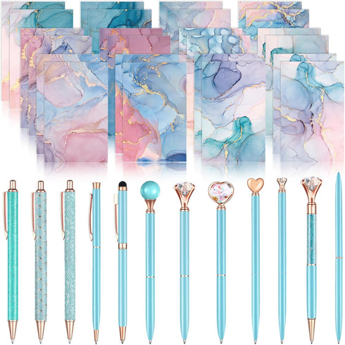 24 Pcs Marble Mini Notebooks with Ballpoint Pens Set Metal Crystal Diamond Pens Pretty Fancy Pens Gifts Marble Pocket Notepads Mini Journals Noteb...