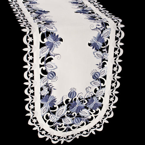 Embroidered Delft Blue Onion Flower Table Runner, Dresser Scarf, Doily (15Wx34L)...
