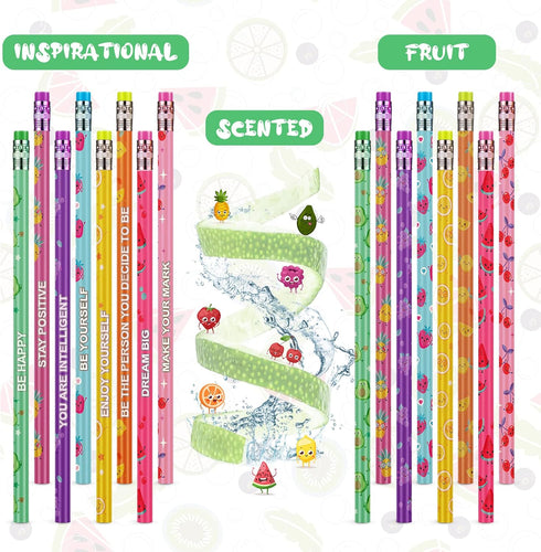 48 Pcs Scented Pencils for Kids Inspirational HB Pencils with Erasers Cylinder Colorful Fun Wood Pencils Motivational Graphite Pencils with Fruit ...