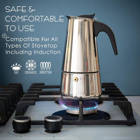 Mixpresso 6 Cup Greca Stovetop Espresso Pot 300ml/10oz, Moka Pot with Coffee Percolator Design, Stainless Steel Stove Top Coffee Maker for Camping...