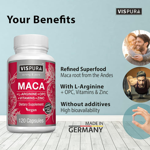 Maca Root Capsules 5000 mg + L-Arginine, Vitamins B6 + B12, OPC and Zinc, Energy Boosting Formula* for Men and Women, 120 Vegan Tablets with Organ...