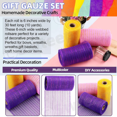 Swpeet 3 Rolls 6 Inches Mesh Ribbon Glitter Metallic Wrapping Ribbon Kit, Glitter Tulle Fabric Spool Ribbon Metallic Foil Mesh Ribbon for DIY Proj...