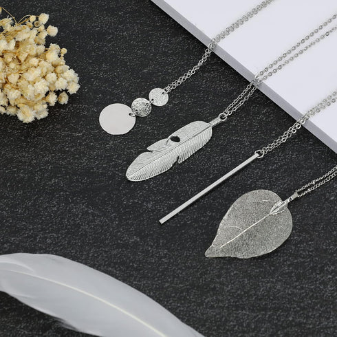 Long Necklaces for Women,4 PCS Fashion Pendant Necklace Jewelry Long Silver Necklaces Set Bar Feather Necklace Circle Leaf Lock Tassel Y Necklace ...