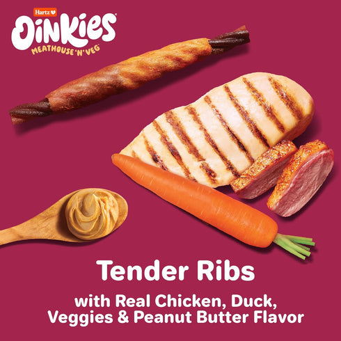 Oinkies Meathouse'n'Veg Tender Ribs Dog Treats with Real Chicken, Duck, Veggies & Peanut Butter Flavor, Highly Digestible and Rawhide-Free, 22 Cou...