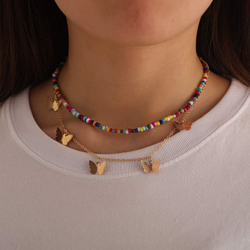 Boho Rainbow Beaded Necklace Layered Neck Chain Multi Color Bead Choker Necklaces Shell Star Butterfly Collar Jewelry Colorful Flower Chain Beach ...