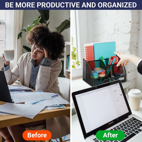 Office Desk Organizers and Accessories - 6 Compartment Black Mesh Office Organizer with Sliding Drawer, Desktop Organizer Caddy for Storing Pens, ...