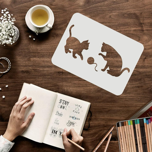 FINGERINSPIRE 4 Pcs Cat Butterfly Stencil 11.7x8.3 inch A4 Size Cat Playing Ball of Yarn Stencil Reusable Large Vinyl Template for Painting on Woo...
