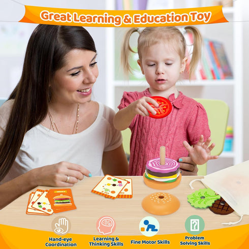 Montessori Toys for 2, 3, 4, 5, Year Old, Wooden Burger Stacking Toys, Fine Motor Toys for Kids Boys Girls, Ideal Preschool Educational and Learni...
