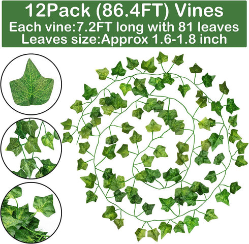 GPARK 84ft 12 Pack / 82 inch, Artificial Ivy Garland Fake Leaf Plants Vine, Hanging Leaves Garlands for Wedding Party Garden Kitchen Outdoor Green...