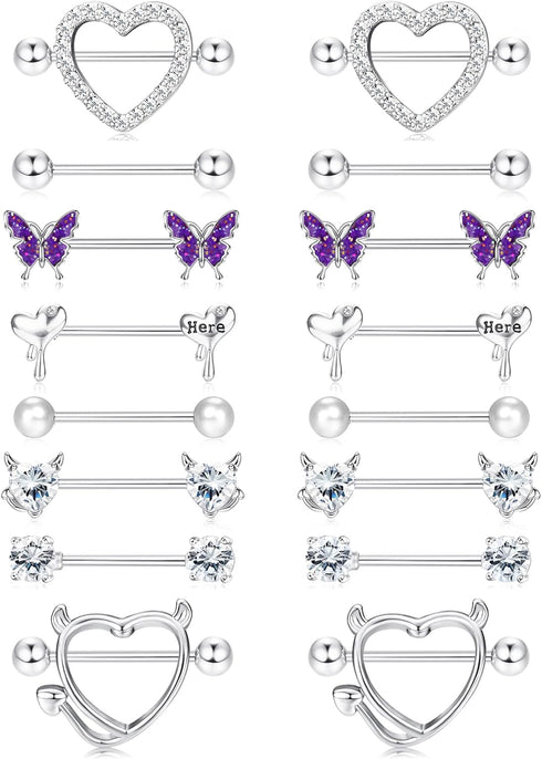 8 Pairs 14G Nipple Rings for Women Stainless Steel CZ Striaght Barbell Tongue Ring Nipple ring Set Butterfly Devil Heart Nipple Piercing Jewelry 1...
