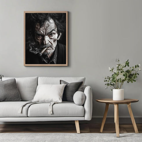 Posterizer 1 pcs-close up black and white portrait of a rugged man smoking 1-Photography Art-Retro Art-Decorations for Bedroom, Office, Living Roo...