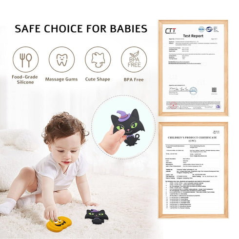 Teething Toys for Babies, PAPACHOO 2 Pack Halloween Soft Silicone Baby Soothing Teether Chew Toys (Orange & Kitten)...