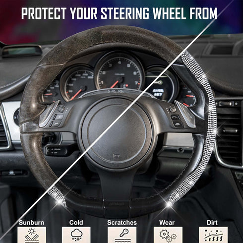 CAR PASS Bling Diamond Segmented Steering Wheel Cover with Crystal Rhinestones, 2PCS Wheel Protector Non-Slip Cute Car Accessories Universal Fit D...