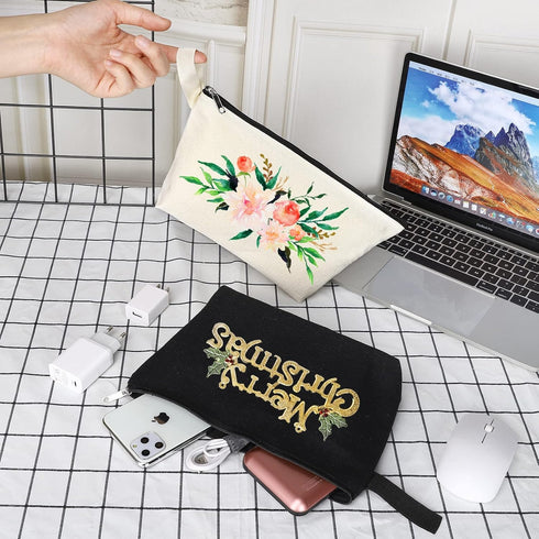 10 Pieces Cotton Canvas Makeup Bag with Bottom, Multi-Purpose Cosmetic Bag with Zipper Travel Toiletry Pouch, Blank DIY Craft Bag Pencil Bag (M, B...