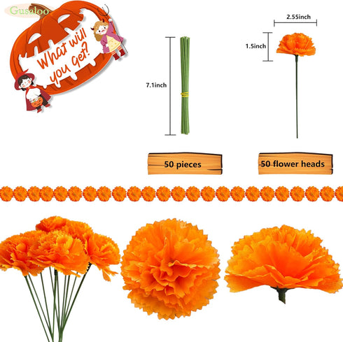 Marigold Flower Heads 50Pcs, Mexican Marigold Artificial Flowers for Day of The Dead Diwali Home DIY Garland Craft Wedding Mexican Party Decoratio...
