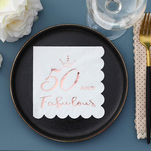50 and Fabulous Cocktail Napkins Rose Gold - 50th Birthday Decorations for Women, Folded 5x5 Inches Disposable Party Napkins, 3-Ply Paper Beverage...