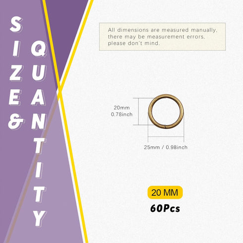 Swpeet 60Pcs Heavy Duty 3/4 Inch - 20mm Bronze Multi-Purpose Metal O Ring Metal Rings for Hardware Bags Ring Hand DIY Accessories Keychains Belts ...