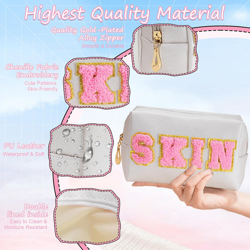 Preppy Skincare Bag, Skin Patch Makeup Bag for Daily Use, Premium Waterproof PU Leather Cosmetic Bag for Teen Girls & Women, Travel Organizer Cute...
