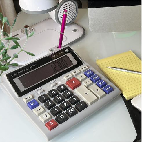 Lily's Home Large Desktop Calculator with Built-in Pen and Pencil Holder. 12-Digit Large Display, Dual Power Battery and Solar - Ideal for School ...