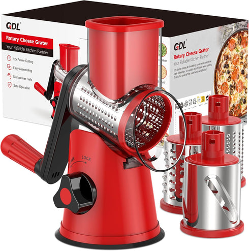 Cheese Grater Rotary, Rotary Grater for Kitchen, Kitchen Grater Vegetable Slicer with 3 Drum Blades, Fast Cutting Cheese Shredder for Vegetables a...