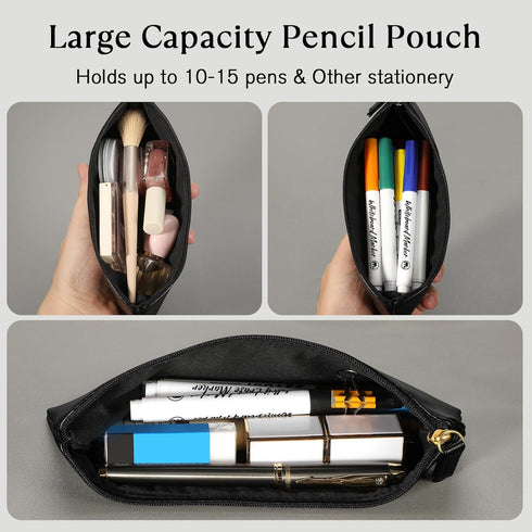 MROCO Pencil Case Black Pencil Bag PU Leather Pen Case Small Zipper Pouch for Pencils, Pens, Markers, Makeups, Change, Coins...