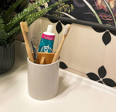 Ceramic Toothbrush and Toothpaste Holder with Bamboo Divider for Bathroom Countertop, White Toothbrush Organizer Stand for Bathroom Vanity Counter...