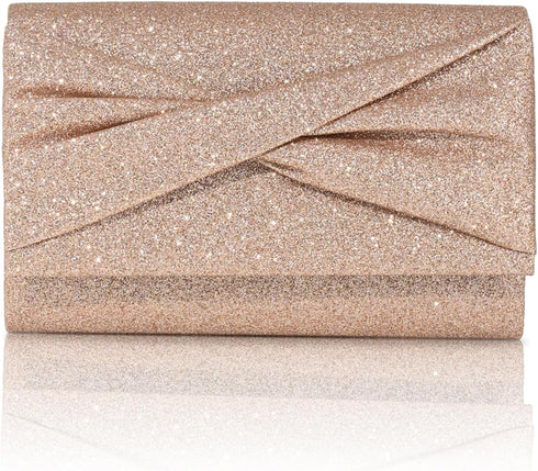 Rose Gold Clutch Purses for Women, Evening Handbags with Detachable Chain for Wedding Party, Women’s Small Sequin Champagne Clutch...