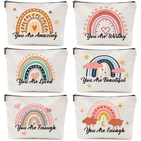 Chengu 6 Pcs Big Canvas Rainbow Heart Cosmetic Bags, 10 x 7.5 inch Inspirational Gifts for Women Motivational Quotes Makeup Bag for Women Girls Bi...