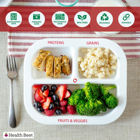 Health Beet MyPlate Portion Control Plate – 3 Divided Sections for Proteins, Grains & Fruit+Veggies - Dishwasher & Microwave Safe Sectioned Plates...