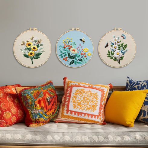 XM-GENYUE 3 Sets Embroidery Starter Kit with Pattern and Instructions, Cross Stitch Kit Include Embroidery Clothes with Floral Bouquet Pattern Col...