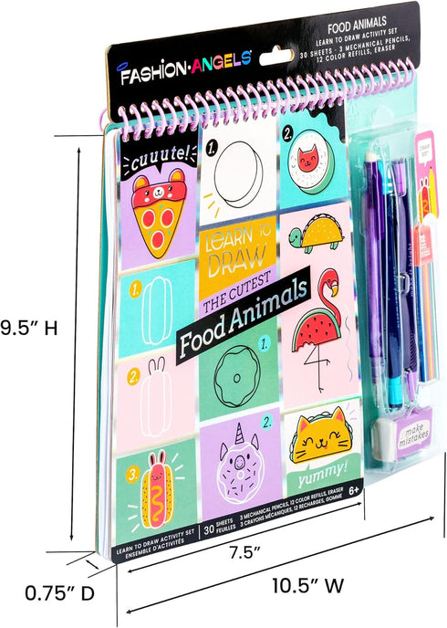 Fashion Angels Step-by-Step Learn to Draw Food Animals Portfolio - 30 Sheets, 3 Mechanical Pencils, 12 Color Refills, 1 Eraser - Instructional Kaw...