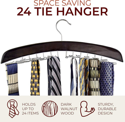 Richards Wooden Tie Rack Hanging Organizer for Mens Closet Accessories, Space Saving Necktie Holder for Storage and Display, Holds 24 Ties, Hook, ...